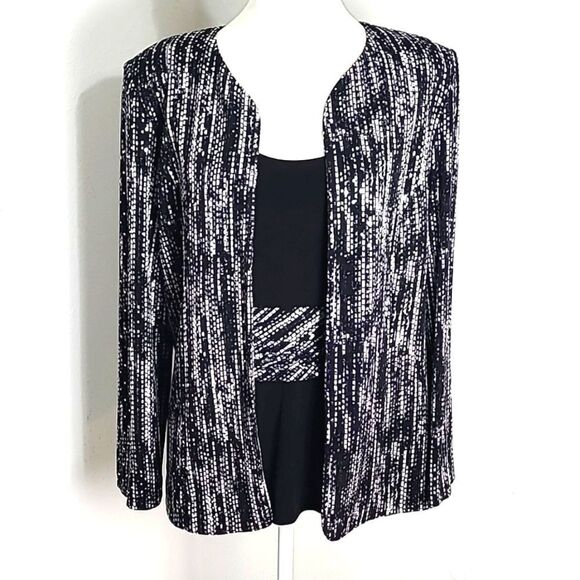 Jessica Howard Black & White Sequin Jacket w/Black Tank Matching Belt Set, Sz 12 - Picture 1 of 10